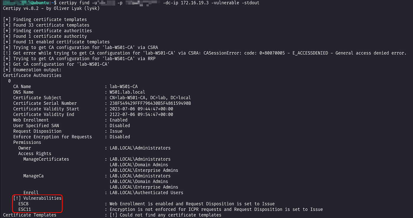 Certipy flags the CA as vulnerable to ESC8 and ESC11