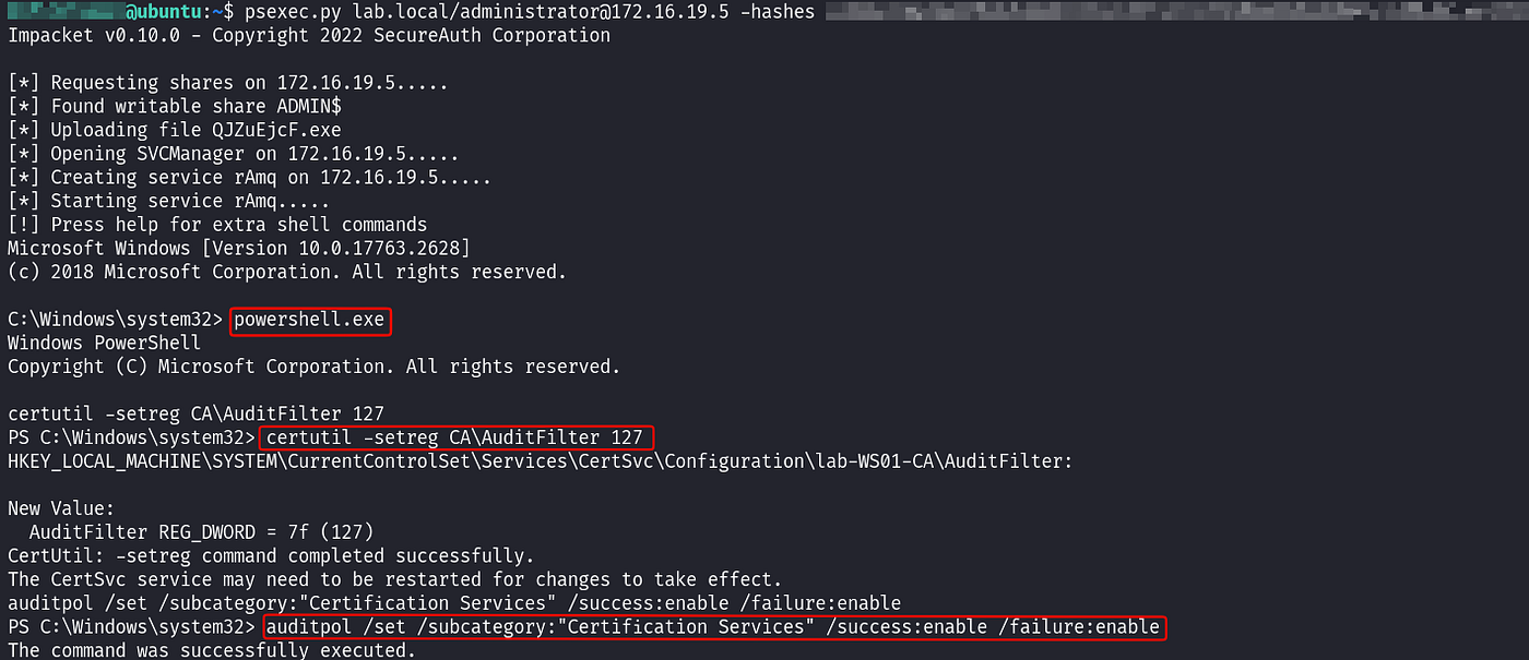 Accessing the CA (WS01) to enable Certificate Services auditing and pull the 4887 issuance events