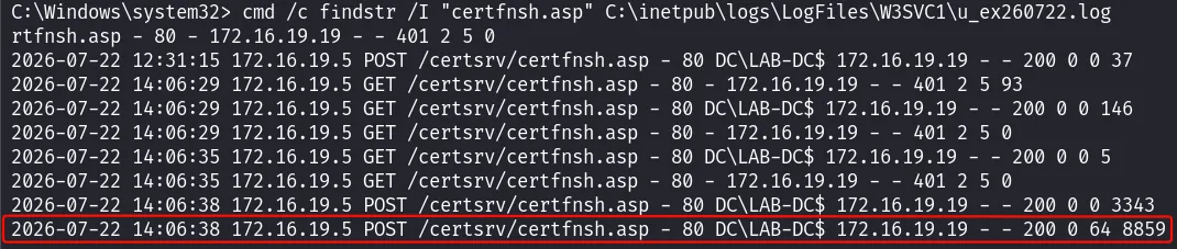 The IIS log reveals the true source: LAB-DC$ enrolling over HTTP from the attacker (172.16.19.19)