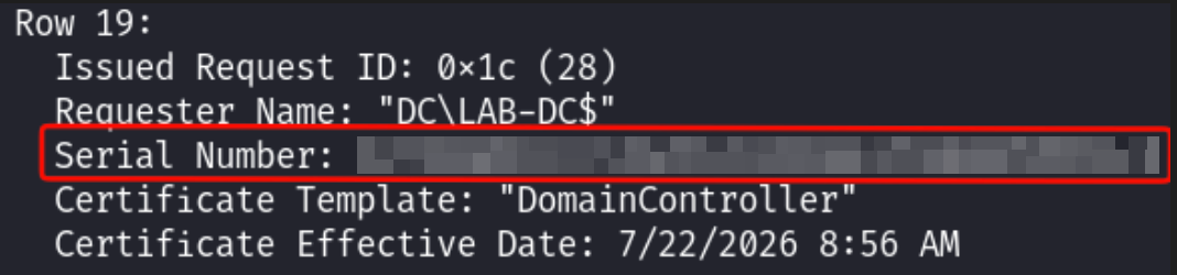 The CA database ties the request to its certificate serial — the pivot into the DC’s Kerberos logs