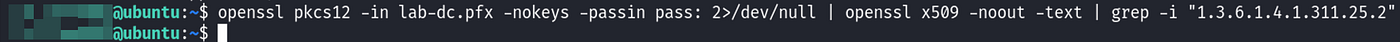 Confirming the missing SID: grepping for the szOID_NTDS_CA_SECURITY_EXT OID returns nothing
