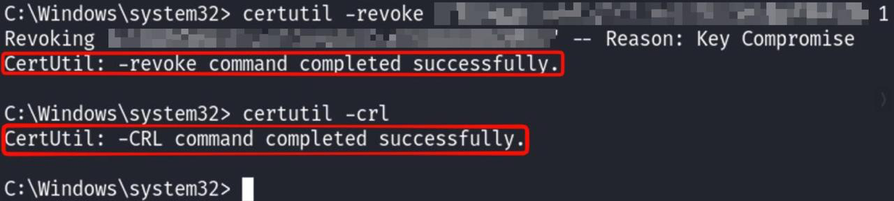 Revoking the relayed certificate and republishing the CRL on the CA