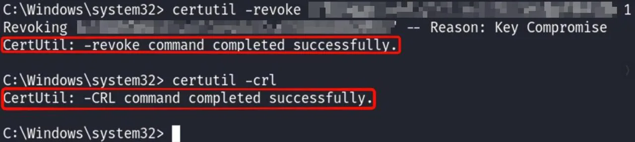 Revoking the relayed certificate and republishing the CRL on the CA