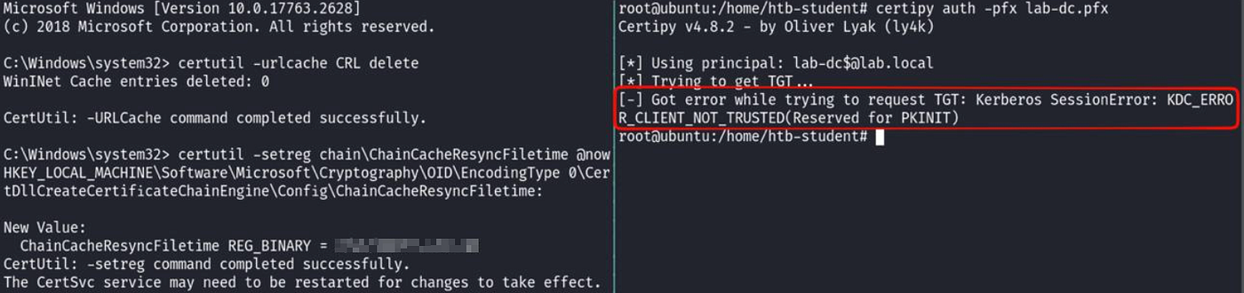After clearing the KDC’s CRL cache, the revoked certificate finally fails with KDC_ERR_CLIENT_NOT_TRUSTED