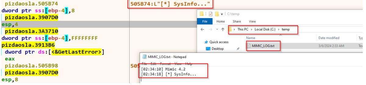 Log entries written by the malware, visible in IDA