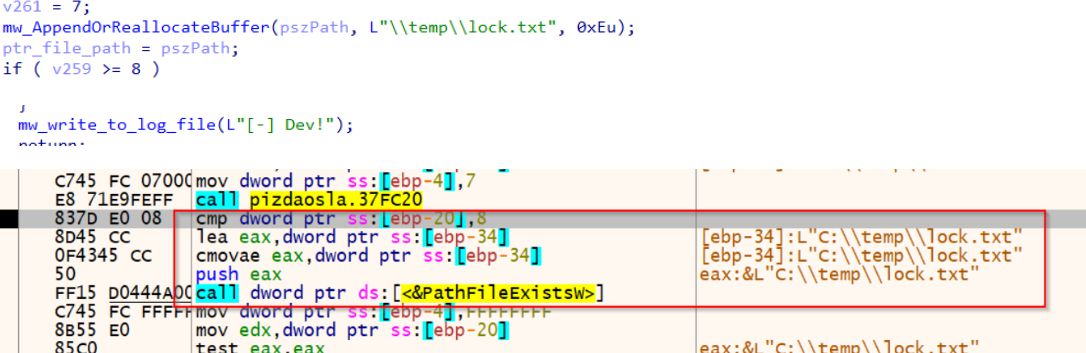Check for C:\temp\lock.txt, which makes the malware halt as if in a dev environment