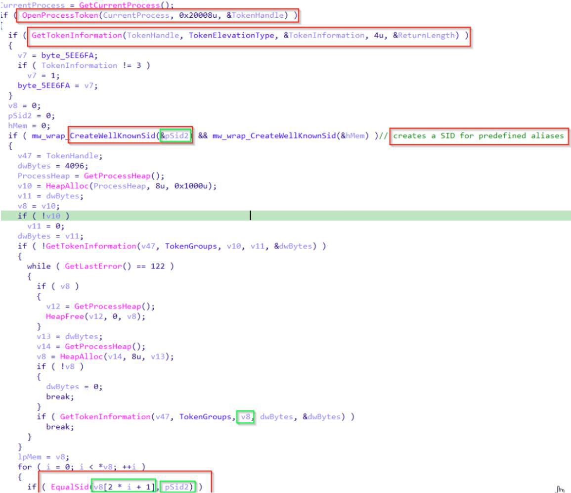 Validating SIDs against process tokens to decide how to operate on the host