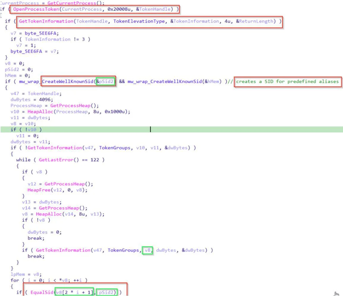 Validating SIDs against process tokens to decide how to operate on the host