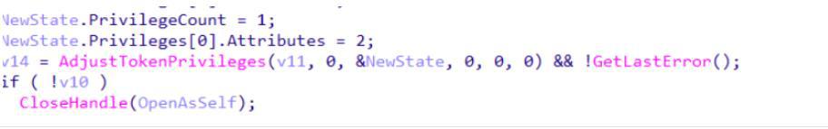 Code adding all available privileges to the malware process