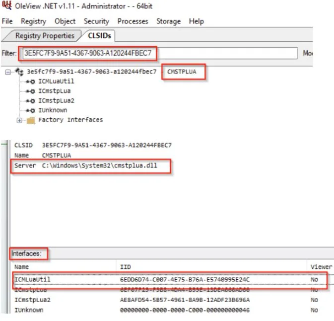 OleView showing the moniker string the malware calls