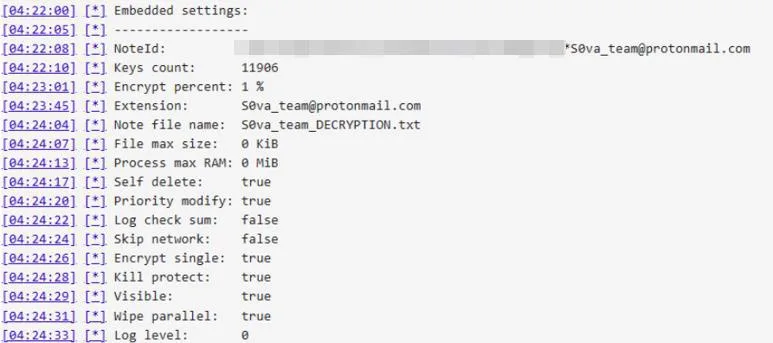 Embedded settings revealed in the malware's own log file