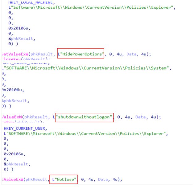 Registry keys modified to prevent the system from shutting down