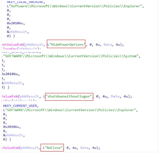 Registry keys modified to prevent the system from shutting down