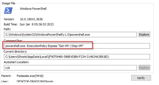 First PowerShell command in the ransomware sequence