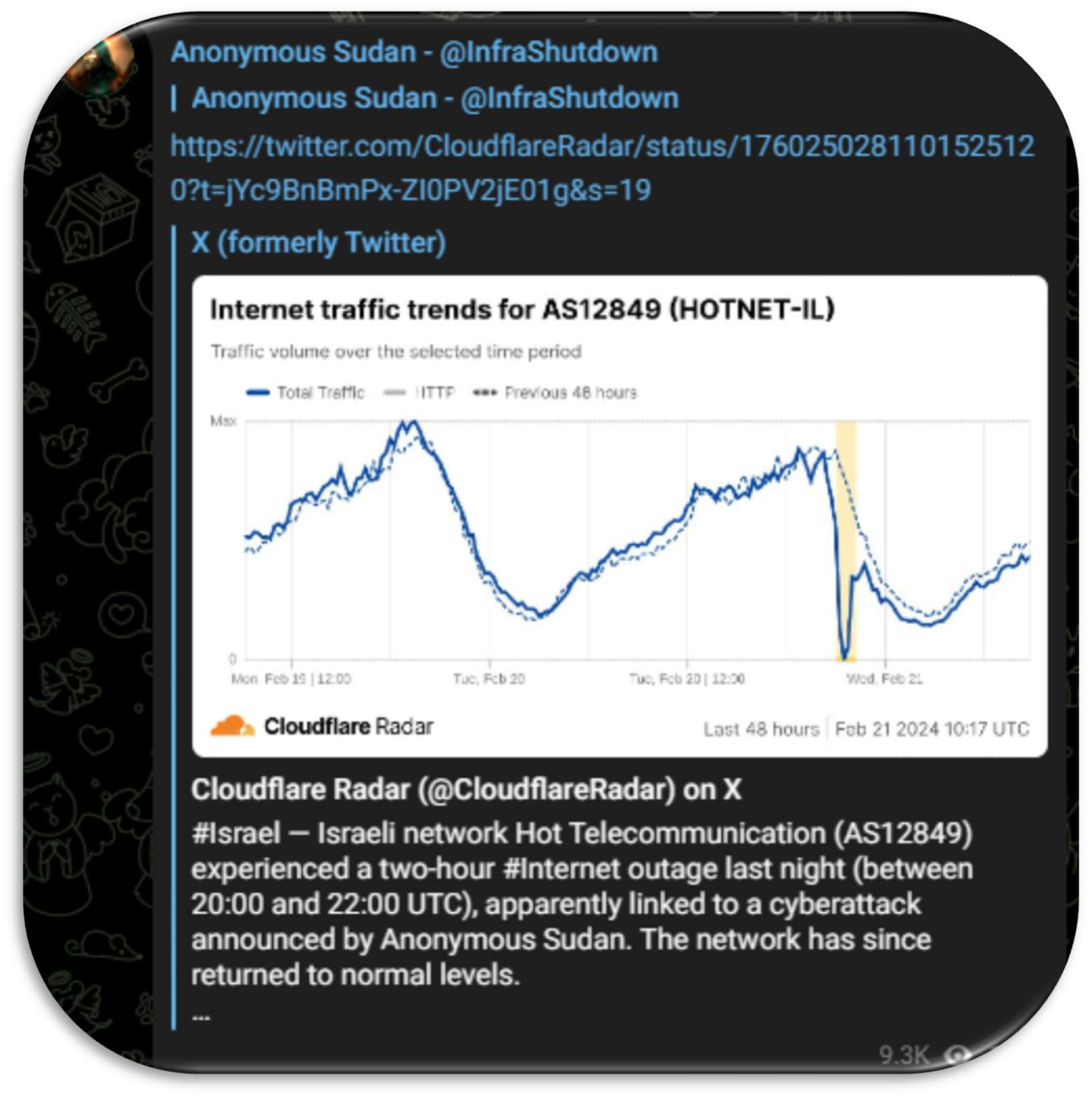 התקפת DDoS על HOT בערוץ הטלגרם של Sudan Anonymous
