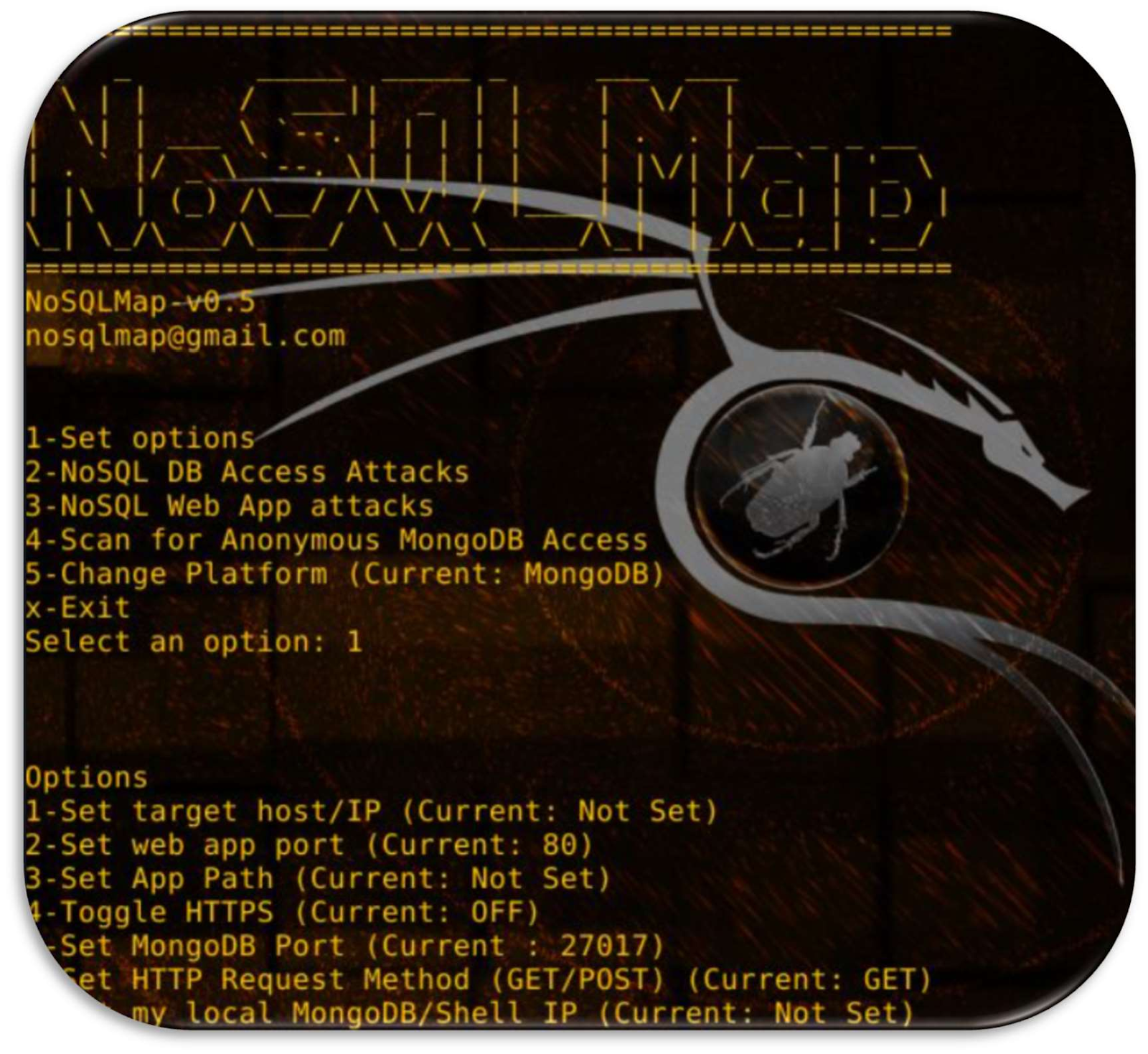 תפריט ההרצה של NoSQLMap