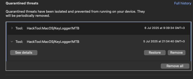 Microsoft Defender detection of the malicious npm package