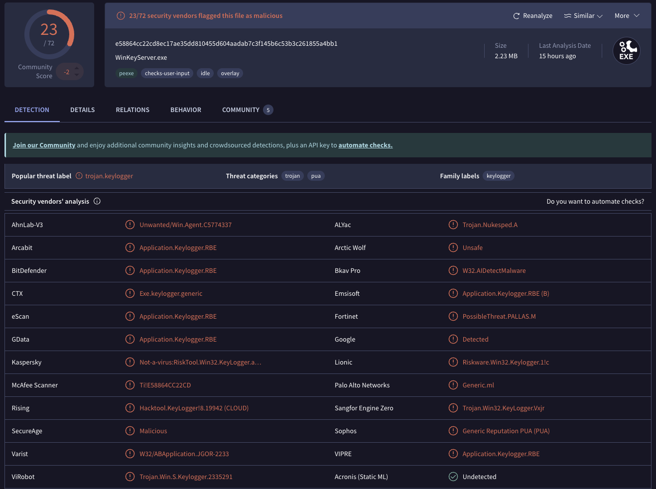 VirusTotal report: 23 of 72 engines flag the sample as trojan.keylogger or PUA