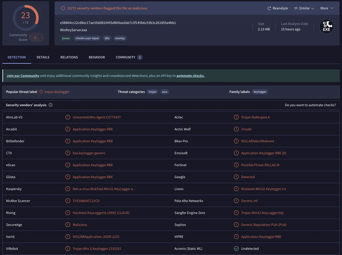 VirusTotal report: 23 of 72 engines flag the sample as trojan.keylogger or PUA